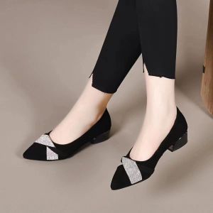 [Free Shipping] Soft Leather And Soft Sole 2026 Spring/Summer New Collection Rhinestone-Embellished Suede Flats WomenS Mid-Heel Comfortable Pointed-Toe Pumps Elegant Style