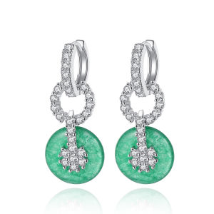 SEQUITO Chinese Style Women Green Stone Inlay White AAA Synthetic Zirconia Pendant Hoop Drop Earrings Banquet Clothes Silvery Jewlery SE981