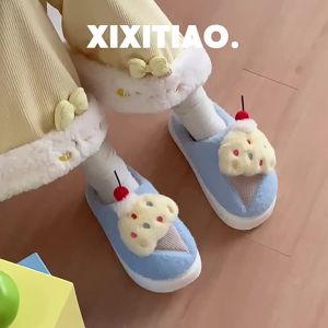 XIXITIAO Winter Plush Maternity Shoes Warm Comfortable Sweet Girly Ice Cream 2025 New Style Home Cotton Slippers for Women