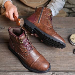 QBELY รองเท้าบูททำงานส้นสูงทำมือรองเท้าบู้ตหนังวินเทจสีน้ำตาลกลางแจ้งรองเท้าลำลองฤดูใบไม้ร่วง