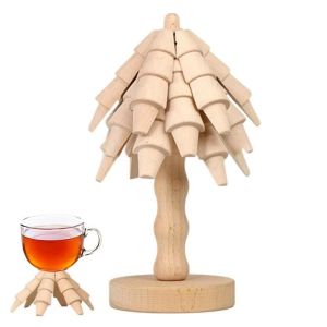 QUA Creative Wooden Tree Coasters Wood Christmas Tree Shaped Insulation Mat Household Decorative Tree Shaped Trivet Set Home Decoration