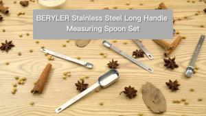 Long Handle Measuring Spoons Set of 6 Stainless Steel Measure Teaspoons Metal Rectangular Bowl Tablespoon