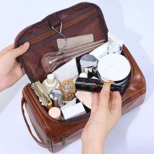 JOMEY PU Leather Men Toiletry Bag Waterproof With Handle Makeup Bag Multi Functional with Hanging Hook Makeup Pouch Women