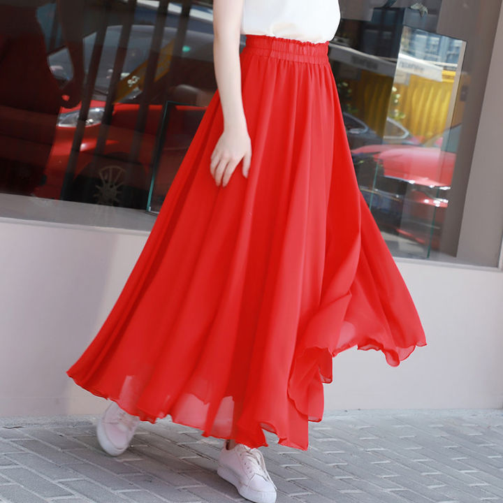 red solid a-line skirt
