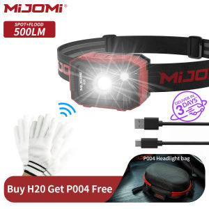 Mijomi LED Headlamp H20 With Wave Motion Sensor Headlight Lightwight Head Light Type-C Torch Lamp500 lumens Flood light & Spot light Double LED Head Lamp60 Degree Adjustable Lighting H20 Flashlight for Camping RunningFishingHikingReading