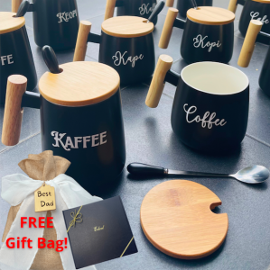 Personalized Fathers Day Gift Black Mug with White Name Cup Bamboo Lid Spoon Stirrer Corporate Gifts