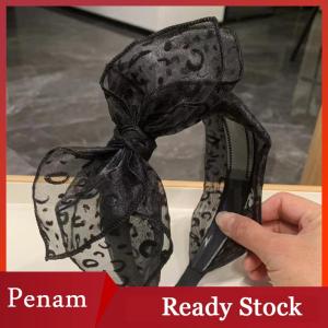 [PAM] Vintage Leopard Print Hairband For Women Girls Fashion Handmade Wide-rimmed Bow Hair Hoop Mesh Hair Bow Headband Hair Accessory