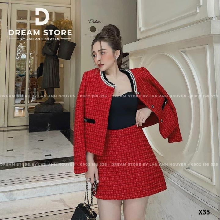Set Váy Dạ Tweed Đỏ Kèm Áo Khoác – DT ROSE