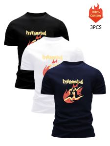 3 Pack T-Shirt Mens 100% Cotton Graphic Printed Tees Funny Summer Blouse Casual Breathable Cool Luxury High Quality Clothing