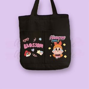 Totebag Kanvas Dua Kantong Berwarna Hitam Bergambar Karakter Lucu Imut Power Puff Girl Cry Baby Blindbox Pop Martt/Totebag Kanvas/Totebag Sekolah/Totebag Jalan Jalan/Bisa cod