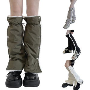 Fleece Lined Drawstring Footless Long Socks with Button Detail Side Split Thermal Leg Warmers Covers for Women Teens