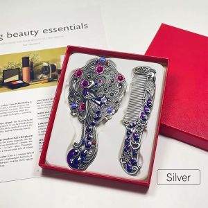 Vintage Peacock Feather Compact Mirror & Comb Set Metal Handle Portable Makeup Mirror Elegant Gifts