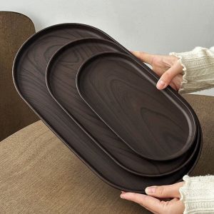 HETU070703. Walnut Wood Grain Oval Tray Smooth Surface Plastic Afternoon Tea Dessert Plate Vintage Table Deocr Fruit Platter Home