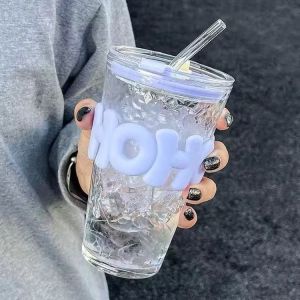 Fast Ship Glass Cup With Straw Water Cup Home Drinking Water Fairy Cup Advanced Light Luxury Couple With Lid Coffee Cup