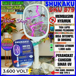 Shukaku SKU 879 Raket Nyamuk Listrik Perangkap Pembasmi Mosquito Sinar UV 3600V 1800 mAh Tiga Lapis Jaring Pelindung Elektrik GRATIS Kabel Charger USB Type C MULTIFUNGSI Bisa Ditempel di Dinding Tembok Rumah Ahim Shop