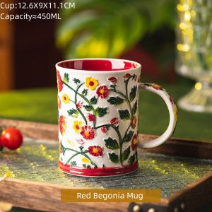 OMK American Hand-painted Relief Craft Mug 450ML Ceramic Coffee Cup Water Cup With Lid Begonia flower series