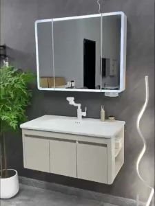 Bathroom Cabinet Wash Basin Honeycomb Aluminum Door Side Open Storage Compartment Ceramic Washstand