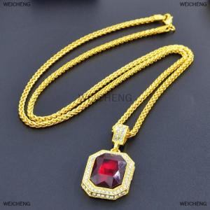 [COD] WEICHENG Inlaid Square Ruby Necklace Hip Hop Mens Pendant Red Stone Pendant Vintage Jewelry Costume Accessories