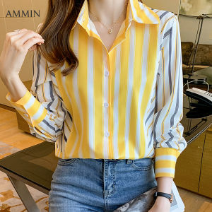 AMMIN 2023 autumn style rhythmic color matching long-sleeved striped stitching chiffon shirt women Korean style lapel fashion elegant blouse female tops