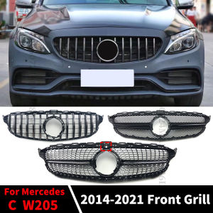 GT GTR Diamond Front Bumper Grille Grill For Mercedes W205 S205 C205  Benz C 2014-2021 C180 C200 C260 C250 C300 AMG Hood Mesh