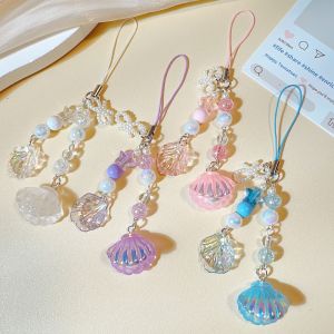 HBESTY Korean Mobile Phone Straps Lanyard Glitter Pearl Shell Phone Strap Charm Chain Knot Keychain Woman Girl Bag Camera Pendant
