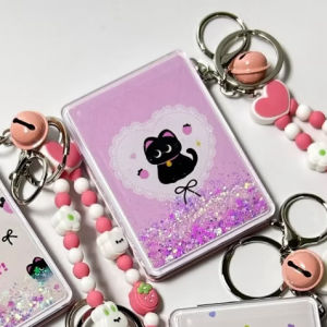 LUNI Lucky and Beautiful Glitter Cat Keychain Double Sided Mirror with Beaded Strap For Bag