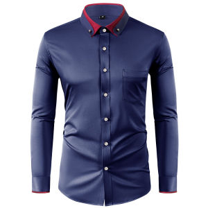 Shirts For Men Plus Size 2025 Elastic Color Blocked Diamond Button Business Casual No Iron Formal Male Top