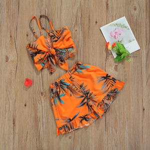 2PCS Local 2-3 Days Delivery   Girl Tops Shorts Suit Bowknot Sling Summer Shirt Leaf Printed Beach Vest Loose Pant Orange