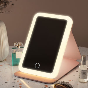 Portable Cosmetic Mirror Desktop Foldable Makeup Mirror with Light Leather Carrying Square Mirror