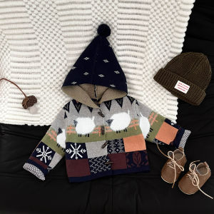 Childrens retro sweater for autumn and winter stylish baby clothes with contrasting colors elf hat knitted cardigan thickened Korean-style coat