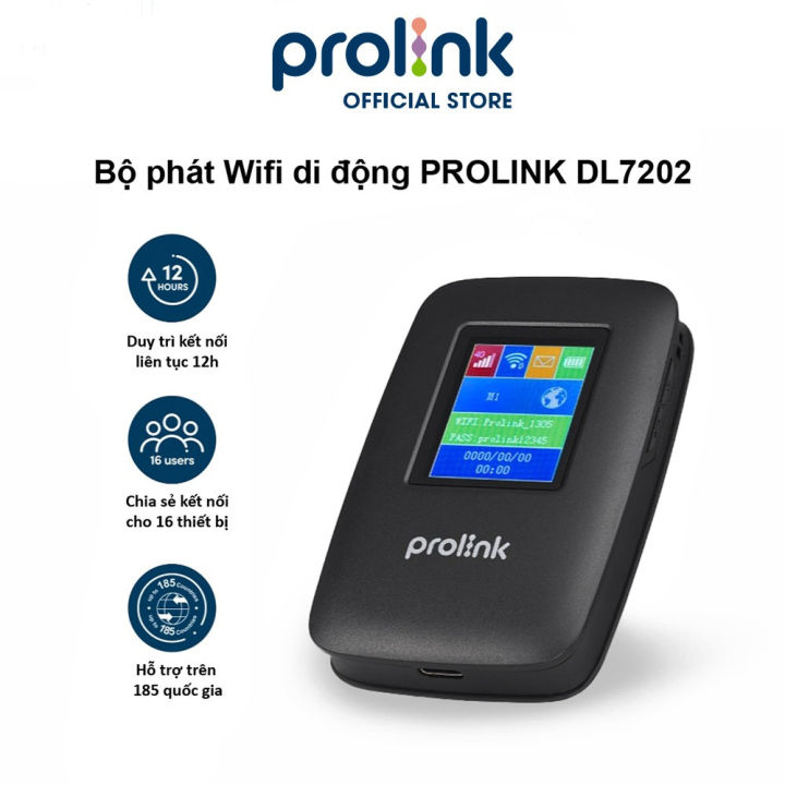 Bộ phát Wifi di động PROLiNK DL7202 dùng SIM 4G LTE 150Mbps, pin 3100mAH lên tới 12h, TFT 1.44", hỗ trợ 185 quốc gia