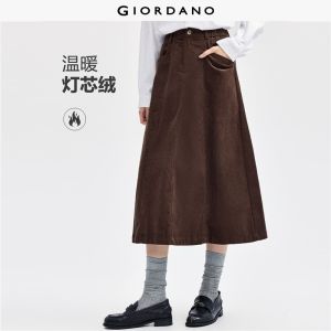 GIORDANO Women Skirts 100% Cotton Corduroy Thick Warm Long Skirts Half Elastic Waist Simple Fashion Casual Skirts 05465698