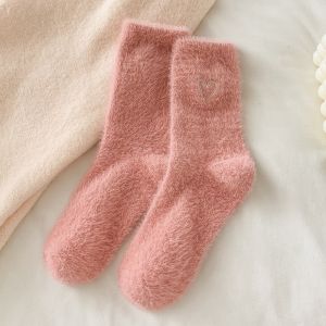 Fluffy Mink-like Mid-Calf Socks for Women with Embroidered Heart Design Warm and Soft Autumn/Winter Sleep Socks