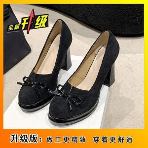 [Free Shipping] Stylish Bow-Knot Chunky Heel Platform Shoes Exuding Elegance And Sophistication New Spring Collection 10Cm High Heels WomenS Round-Toe Flats