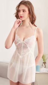 QMissLin Womens Lace Mesh Nightgown with Matching Briefs V-Neck Spaghetti Strap Sleep Dress Breathable Loungewear for Daily Use