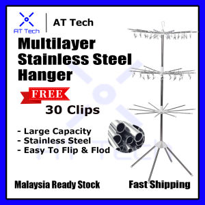 AT_Tech Multilayer Stainless Steel Foldable Hanger Baby Clothes Hanger Drying Rack 30 clips 30 Hanging Rods