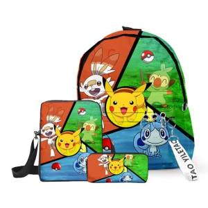 Pikachu Three-piece School Bag Pokémon Pokemon Student Backpack Messenger Bag Pencil Bag Childrens Zipper Lightening Backpack