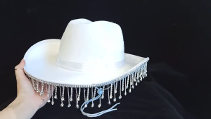 Pink Elegant Cowgirl Hat for Bridal Shower Pink White Cowgirl Cowboy Hat Wide Brim Glistening Rhinestone Tassels