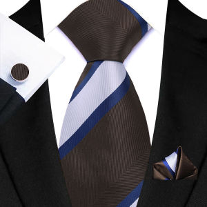 Mens Ties Handkerchief Cufflinks Set Tuxedo Accessories Luxury Brown Stripes Dot Floral Neckties for Party Dinner Wedding