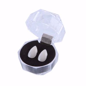 BQGRBT อุปกรณ์ปาร์ตี้ ของเล่นตกแต่ง กล่องบรรจุฟัน เขี้ยวปีศาจ ฟันปลอม อุปกรณ์ประกอบฉากปาร์ตี้คอสเพลย์ ฟัน 2 ชิ้น ของเล่นเขี้ยว เขี้ยวเรซินที่ปลอดภัย เขี้ยวฮาโลวีน