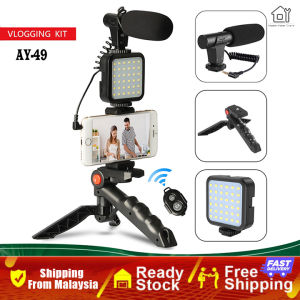 【Shipping From Malaysia】Phone Vlog Video Kit with Height Adjustable Tripod Phone Holder With Cold Shoe Microphone LED Video