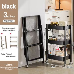 3 Tiers Foldable Kitchen Trolley Rack With Roller Multi-functional Kitchen Bathroom Metal Trolley Storage Rack