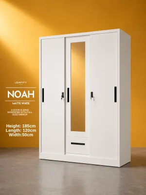 NOAH | Full Steel 3-DOOR Sliding Wardrobe with Full Mirror & Granite Pattern Doors by Leapify Steel