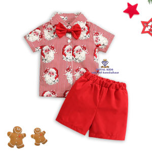 F0071 เสื้อแขนสั้น👚กางเกงขาสั้นเด็ก เสื้อโปโล ชุดคริสต์มาส พร้อมโบว์ติดคอเสื้อ ชุดลำลอง เซต 2 ชิ้น