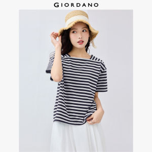 GIORDANO ผู้หญิง  เสื้อยืด ผ้าฝ้าย 100% เสื้อยืดลายทาง คอเหลี่ยม แขนสั้น ฤดูร้อน เรียบง่าย แฟชั่นพื้นฐาน ลำลอง เสื้อยืด 05325464