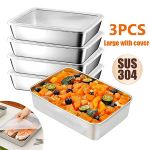 304 Stainless Steel Japanese Style Tray Food Storage Boxwith Lid Household Fresh-keeping Box Tray BBQ Food Trayswith Lid Fruit Containers Food Trays for Picnic LunchTableware White