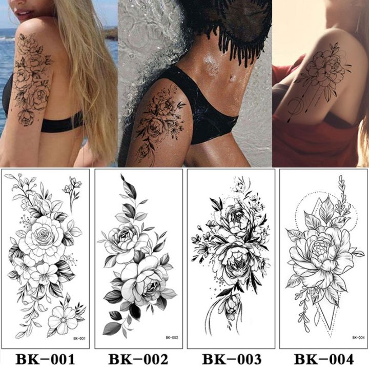 YF】 Black Rose Temporary Tattoos Sticker Women Waterproof Long Lasting  Sketch Arm Legs Body Art Fake