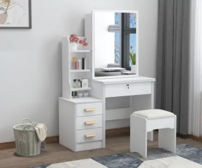 AMAZONE Modern Dressing Table Stool Bedroom Vanity Set Makeup Drawer Lock Desk with Mirror and 4 Drawers