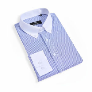 Áo sơ mi nam kẻ sọc công sở màu xanh biển phối cổ trắng vải sợi sồi modal polyester mềm mịn