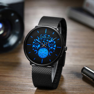 CRRJU Jam Tangan Pria Fashion 2022 Biru Ultra Tipis Tali Jala & Jam Tangan Retro Hollow Bunga